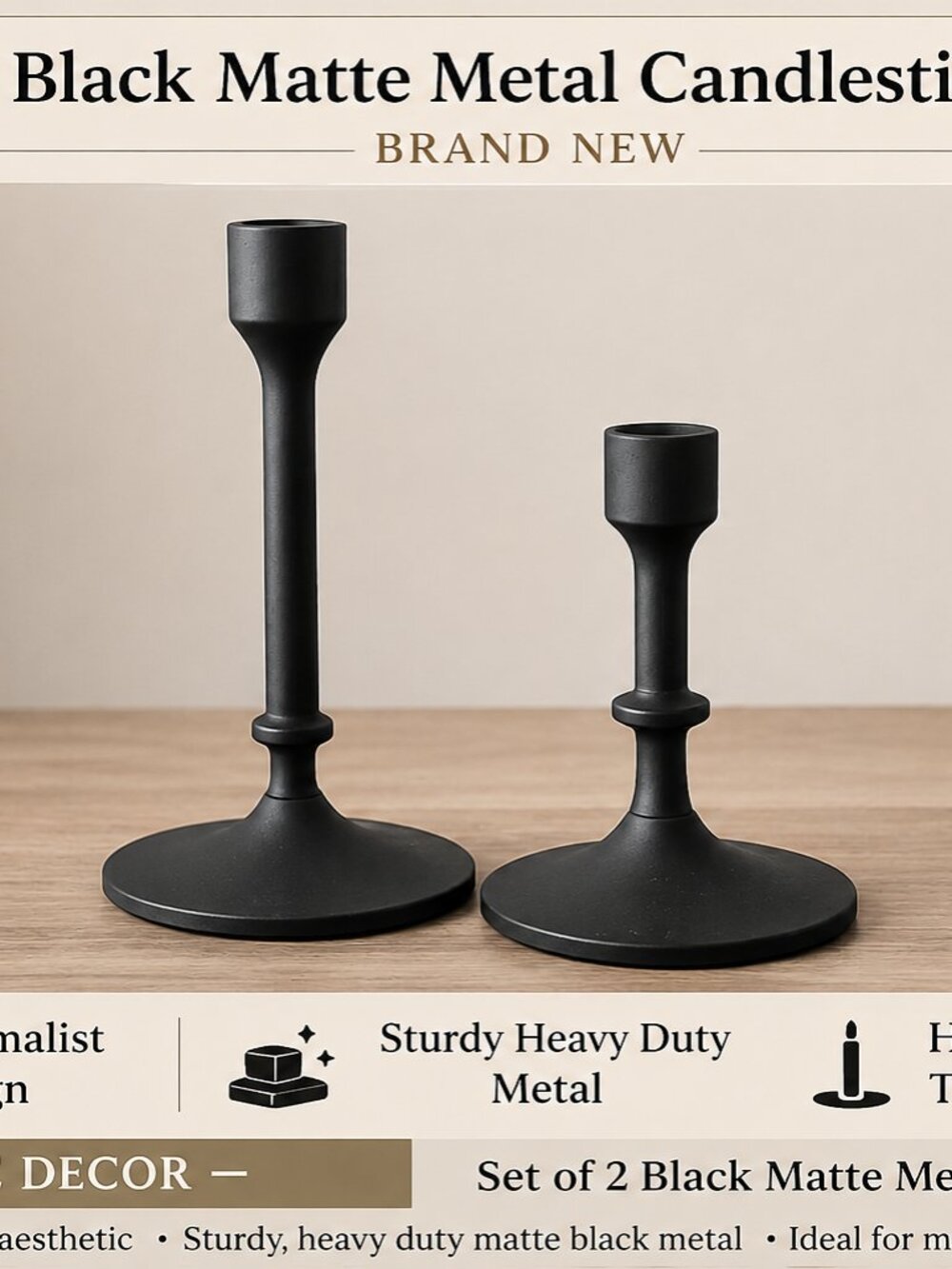 Set of Matte Black Cast Iron Candlestick Holders- Never Used